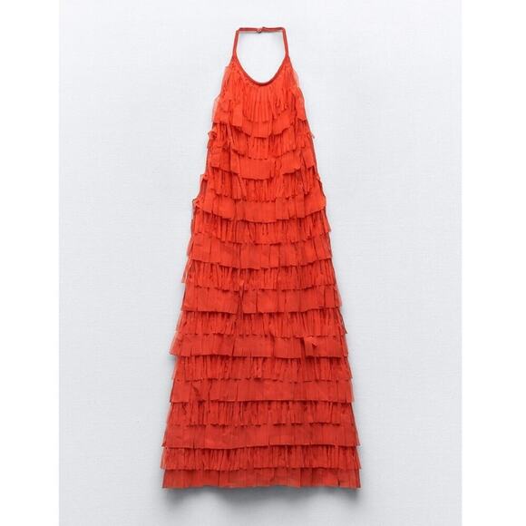 Zara FRINGED TULLE HALTER DRESS Size Small - Picture 9 of 13